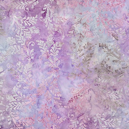 Ornate leaf batik fabric in lavender, graphite, and royal blue.