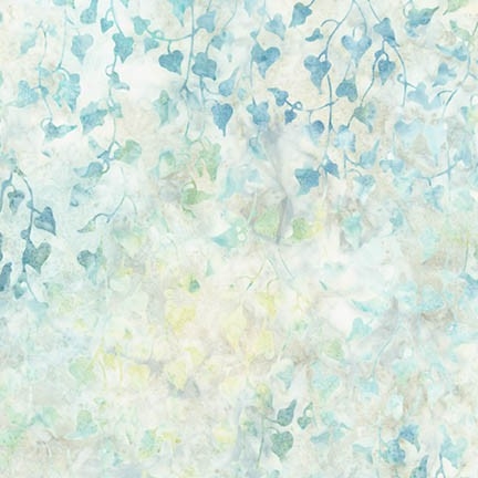 Hanging ivy batik fabric in pale mist green with medium blue and yellow.