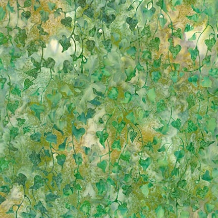 Hanging ivy batik fabric in green with hints of gold.