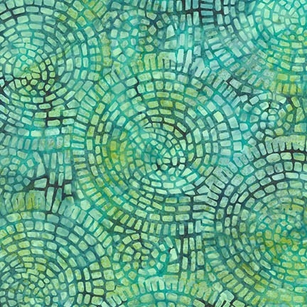 Mosaic tile batik fabric in medium green, deep teal, and and lime green.