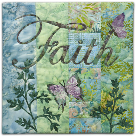Quilt block with the word "Faith," stylized butterflies in purple, blue, and green floral patterns.