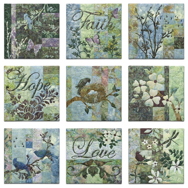 Set of nine quilt blocks showing stylized flowers, birds, and insects, along with the words "Faith," "Hope," and "Love."