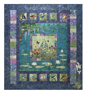 Image of full quilt based on of English garden, with birds, flowers, and a pond.