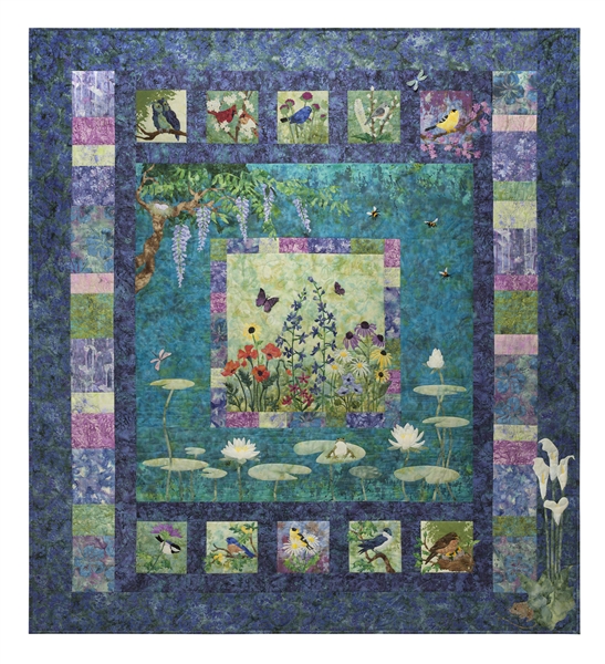 Image of full quilt based on of English garden, with birds, flowers, and a pond.