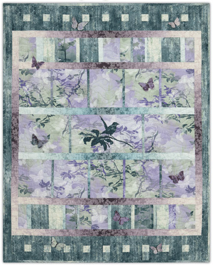 Pieced quilt pattern with stylized birds and butterflies, in pink, purple, and teal