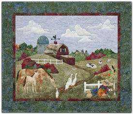 Pastoral farm scene with barn, horses and sheep grazing, geese, and a scarecrow.