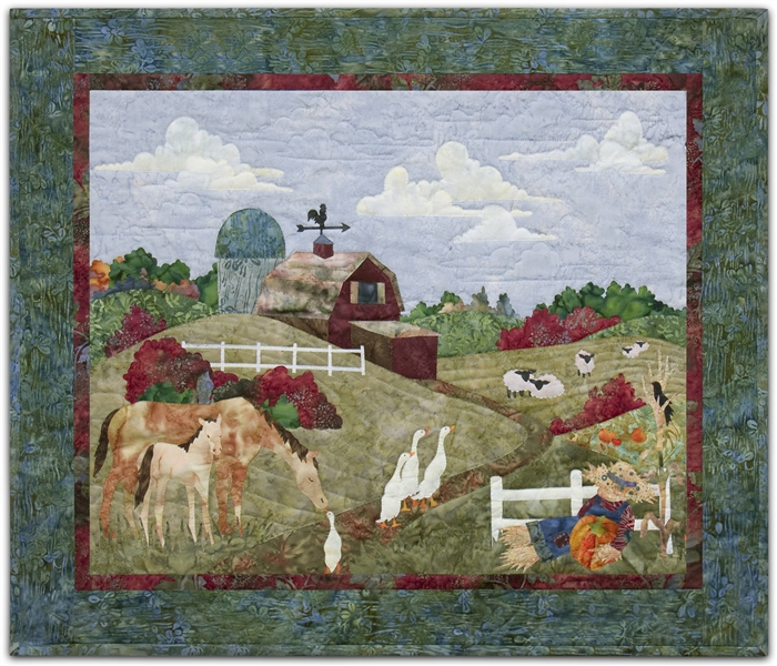 Pastoral farm scene with barn, horses and sheep grazing, geese, and a scarecrow.