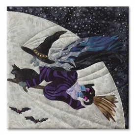 Quilt block of Witchy Poo hurrying to her book club meeting with her cat Samuel, riding on her broom in front of the large moon