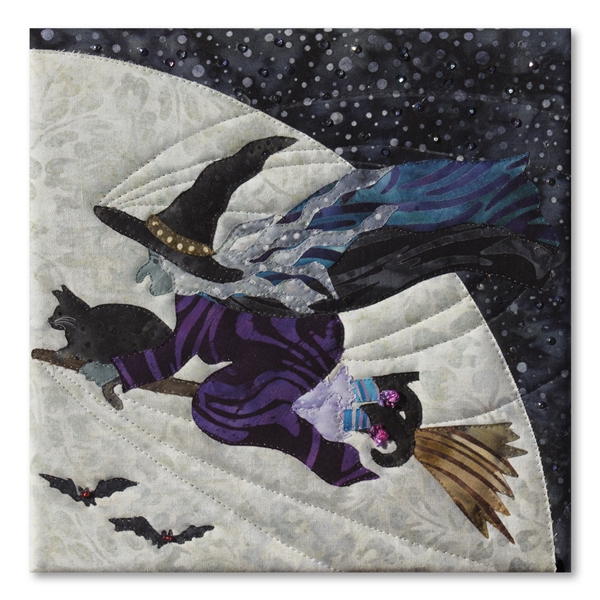 Quilt block of Witchy Poo hurrying to her book club meeting with her cat Samuel, riding on her broom in front of the large moon