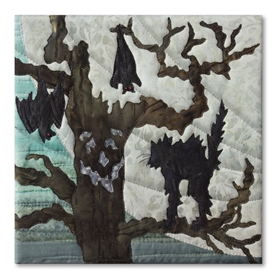 Quilt block of a spooky tree giving a black cat quite a fright, with a large moon behind