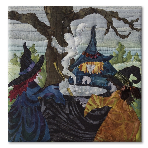 Quilt block of three witches around a cauldron, raising spirits and discussing Eat, Pray, Love