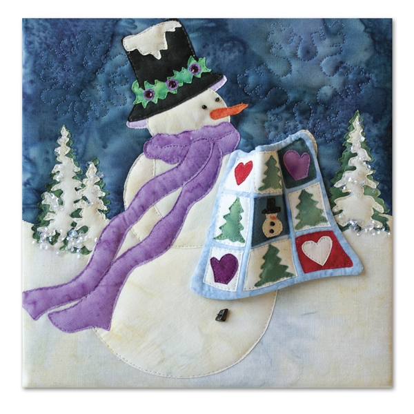 Quilt block of a snowman bringing a quilt for show and tell