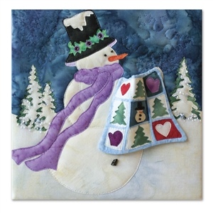 Art print of a snowman bringing a quilt for show and tell