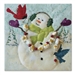 Quilt block of a snowman celebrating snowfall with two bird friends and a popcorn and cranberry garland