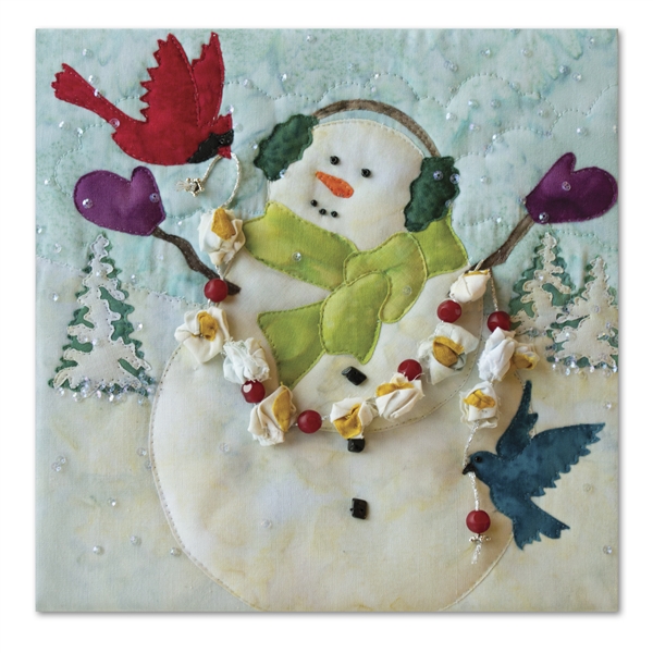 Printed panel of a snowman celebrating snowfall with two bird friends and a popcorn and cranberry garland.