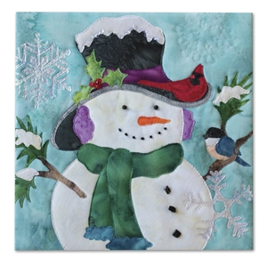 Art Print of a smiling snowman wearing a hat and scarf, while a cardinal and a blue bird perch on him.