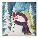 Quilt block of a curious snowman in a jazzy hat trying to figure out why a cardinal has perched on his nose
