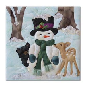 Art Print of a bear cub and a fawn cuddling with a snowman during the chilly first frost.