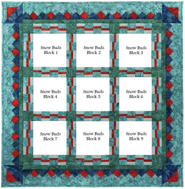 Full quilt kit to piece all nine snowmen and their friends, with a beautiful prairie point pieced border.
