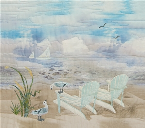Art panel of two adirondack chairs on the beach that overlook the ocean.