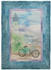 Quilt block of a bicycle leaning on a white picket fence, with a path leading up to the lighthouse that overlooks the ocean.