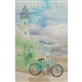 Art panel of a bicycle leaning on a white picket fence and a path leading up to the lighthouse that overlooks the ocean.