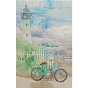 Art panel of a bicycle leaning on a white picket fence and a path leading up to the lighthouse that overlooks the ocean.