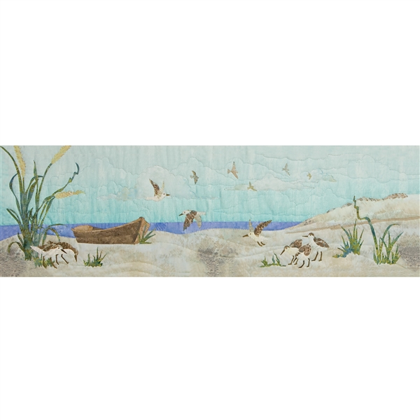 Art print of an empty boat on the beach, with sandpipers circling and looking for food.