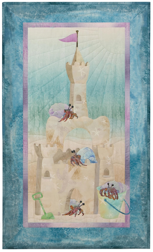 Quilt block of a grand sand castle, newly inhabited by hermit crabs.