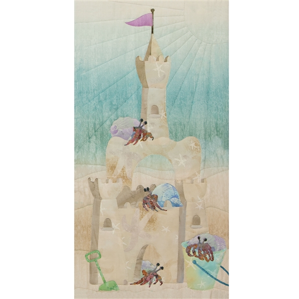 Art print of a grand sand castle, newly inhabited by hermit crabs.