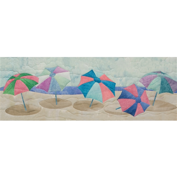 Art print of brightly-colored beach umbrellas.