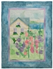 Quilt block of summer house that overlooks the bay, with cheerful pink and purple hollyhock flowers in the front yard.