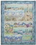 Quilt that shows playful beach and ocean scenes in soft, summer colors.