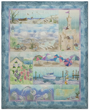 Quilt that shows playful beach and ocean scenes in soft, summer colors.