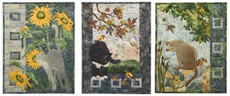 Three quilt blocks that each show a different cat.