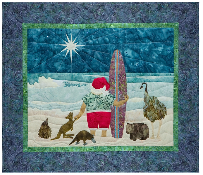 Quilt block of Santa on the beach with his surfboard, ready to ride the waves under the north star, with his Australian animal friends.