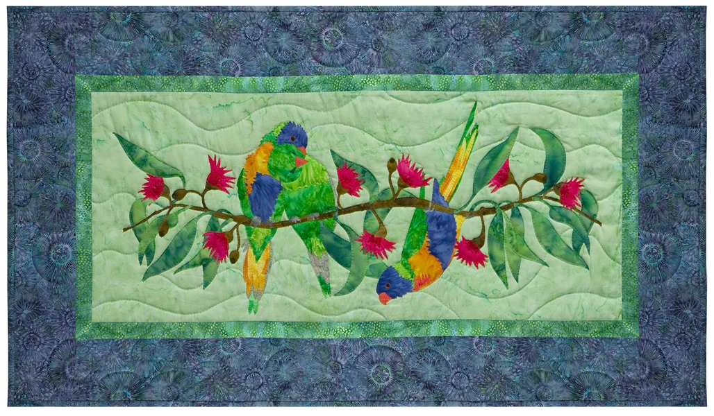 Quilt block of three Australian parrots on a Alberys Red Christmas Bush.