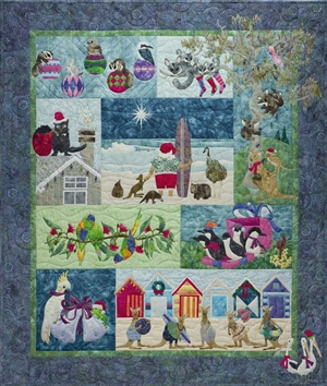 Quilt showing the bright colors of a Down Under Christmas, complete with Santa, surfing, and silly animals.