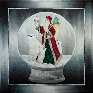 Saint Nick holds a wise owl while polar bears gather around in a winter snow globe scene