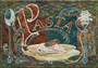 Italian style quilt block celebrating pasta, with a bowl of spaghetti and meatballs, as well as a spoon and a fork with noodles wrapped around it