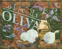 Italian style quilt block celebrates delicious olive oil with a big bottle, and some beautiful bulbs of garlic