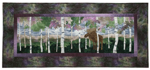 Quilt block of a bull moose jealously, peacefully, guarding his grove of birch trees.