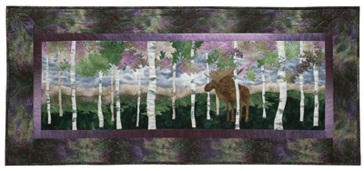 Quilt block of a bull moose jealously, peacefully, guarding his grove of birch trees.