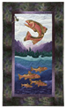 Quilt block of a rainbow trout leaping to catch a fly, as his smarter school swims safely underneath.