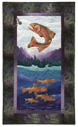 Quilt block of a rainbow trout leaping to catch a fly, as his smarter school swims safely underneath.