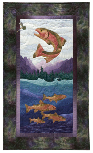 Quilt block of a rainbow trout leaping to catch a fly, as his smarter school swims safely underneath.