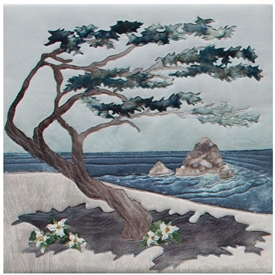 Quilt block showing a Monterey Cyprus tree on the beach being shaped by ocean winds.
