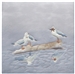 Quilt block of two seagulls on a log in the water, looking appraisingly at a third seagull, who has dinner...for now.