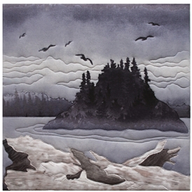 Quilt block of a dark, foggy, perfect day on the beach, with driftwood logs, birds flying, and an island covered in dark pine trees in the mist.