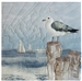 Quilt block of a seagull perched on a post overlooking the ocean to get the best perspective.